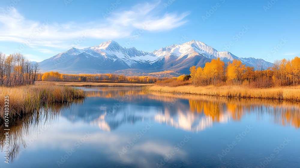 Explore the serene beauty of majestic mountains and reflections in tranquil waters during autumn Explore the serene beauty of majestic mountains and reflections in tranquil waters during autumn