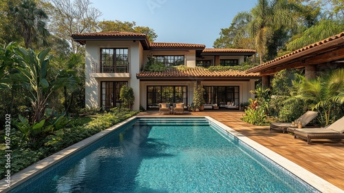 Modern villa with a swimming pool and lush green landscaping.
