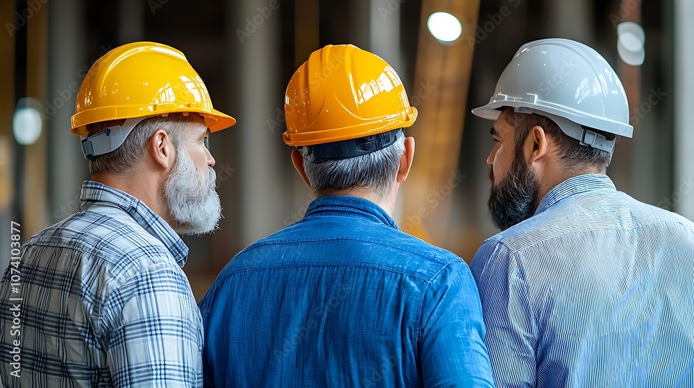 Construction workers collaborate effectively on project with safety helmets at worksite Construction workers collaborate effectively on project with safety helmets at worksite