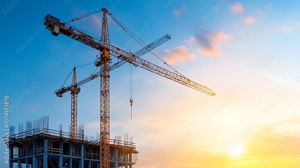 Construction crane lifts heavy materials at sunset for urban development projects Construction crane lifts heavy materials at sunset for urban development projects