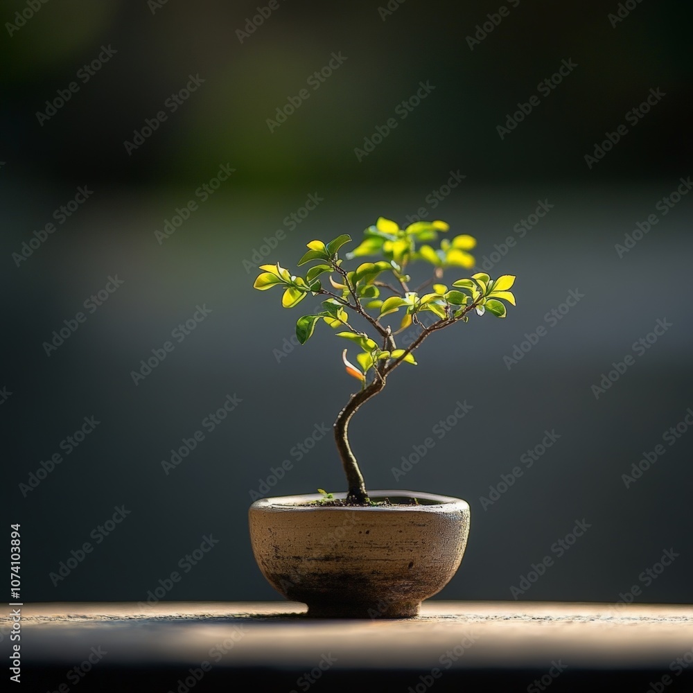 A tiny micro tree growing in a small pot, its delicate branches and leaves perfectly formed A tiny micro tree growing in a small pot, its delicate branches and leaves perfectly formed