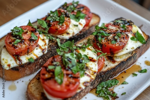 Overhead view of caprese toast on wood table