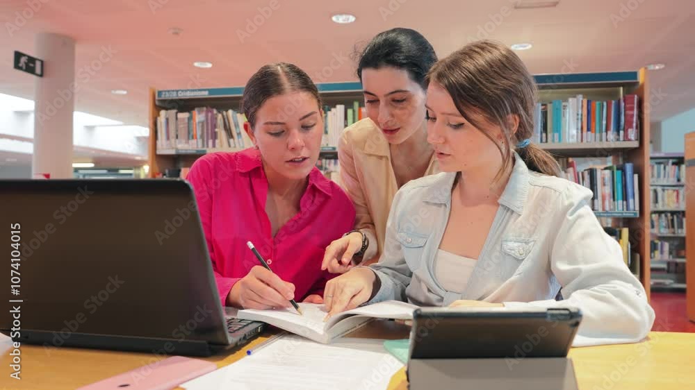 Three young women studying together in a university library, collaborating on assignments and discussing ideas with books, laptop on the table surrounded by shelves filled with academic resources Three young women studying together in a university library, collaborating on assignments and discussing ideas with books, laptop on the table surrounded by shelves filled with academic resources