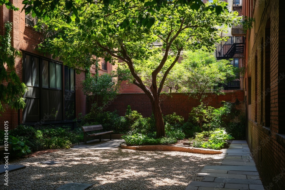 A tree planted in a small urban garden, providing shade and beauty to the surrounding buildings A tree planted in a small urban garden, providing shade and beauty to the surrounding buildings