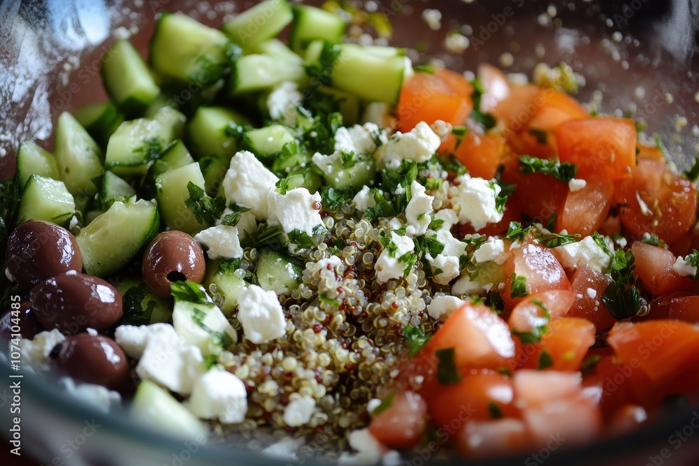 Quinoa salad with cucumbers feta olives and tomatoes