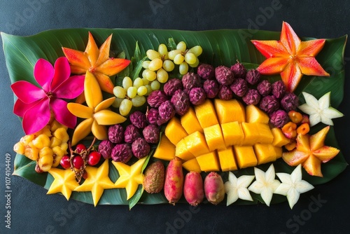 A tropical fruit platter with papaya, lychee, and starfruit, creating a colorful and exotic presentation photo