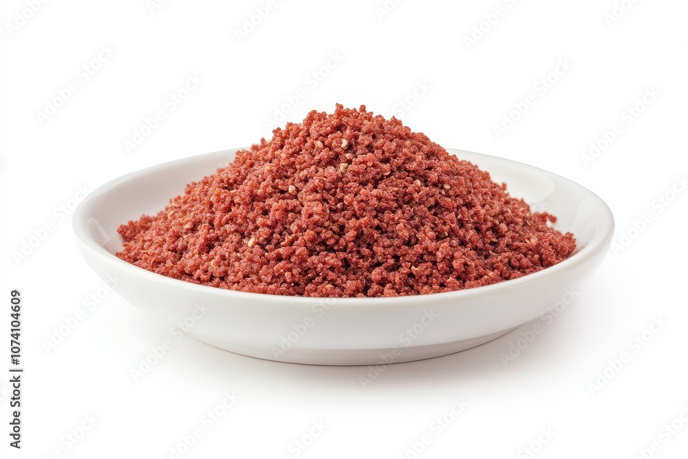 Red yeast rice on a white plate with a plain background Red yeast rice on a white plate with a plain background