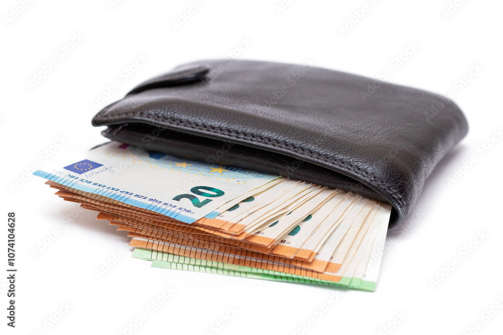 Black Leather Men Wallet with Euro Banknotes Inside - Isolated on White Background. A Purse Full of Money Symbolizing Wealth, Success and Social Status - Isolation Black Leather Men Wallet with Euro Banknotes Inside - Isolated on White Background. A Purse Full of Money Symbolizing Wealth, Success and Social Status - Isolation