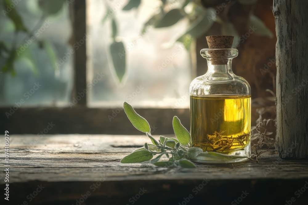 Sage oil vial on aged wood table Healing herb Salvia officinalis Sage oil vial on aged wood table Healing herb Salvia officinalis