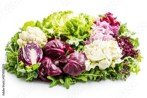 Salad blend featuring arugula frisée radicchio and lamb s lettuce set against a white backdrop photo