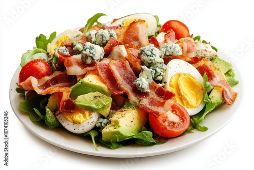 Salad featuring crunchy bacon boiled eggs chicken blue cheese cherry tomatoes and avocado on white background