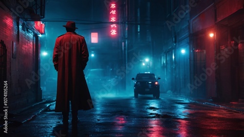 In the dimly lit alley, a holographically projected figure stands out - a ghostly detective with glowing crimson eyes and tattered trench coat.