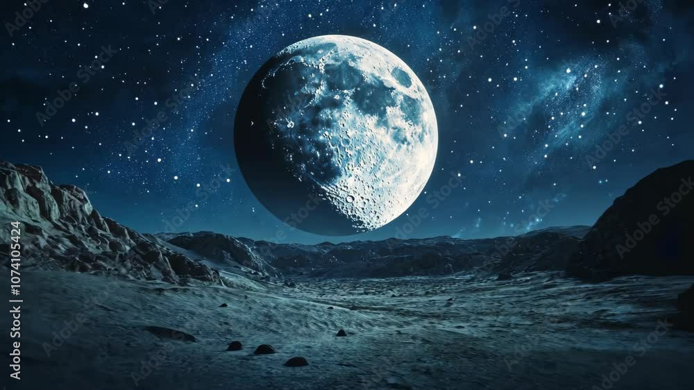 A large, full moon hangs over a barren, rocky landscape, casting a faint glow on the ground A large, full moon hangs over a barren, rocky landscape, casting a faint glow on the ground