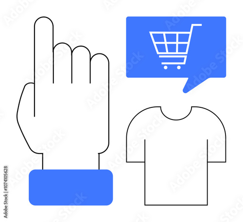 Hand pointing, shopping cart in blue speech bubble, and t-shirt outline. Ideal for e-commerce, online retail, digital stores, marketing, user interface design, mobile shopping, web development. Line