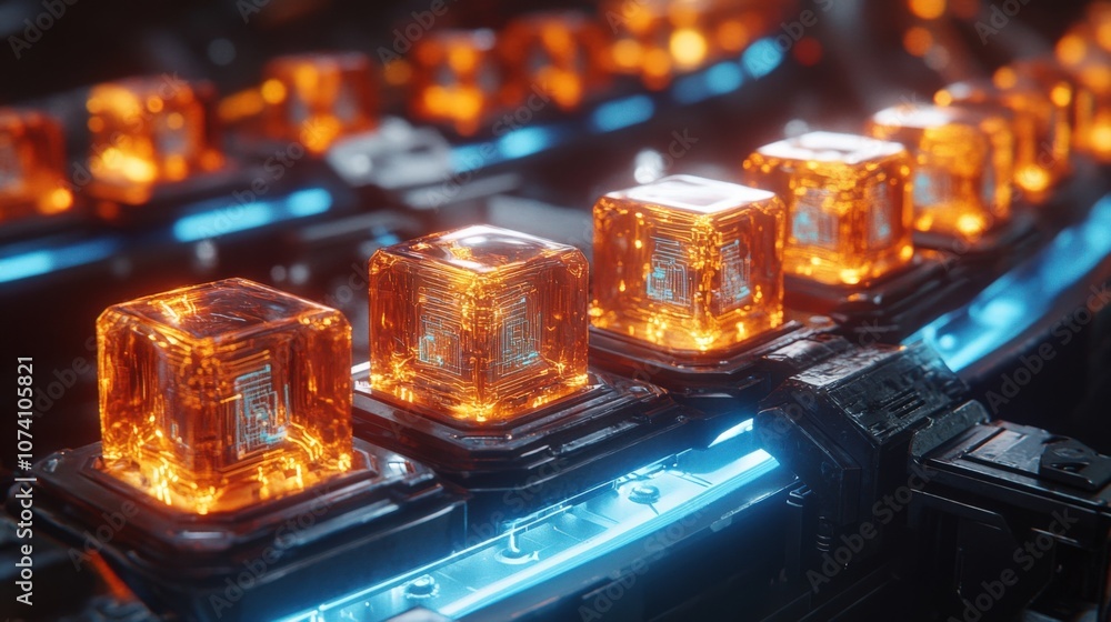Futuristic Glowing Cubes in a High-Tech Environment Futuristic Glowing Cubes in a High-Tech Environment