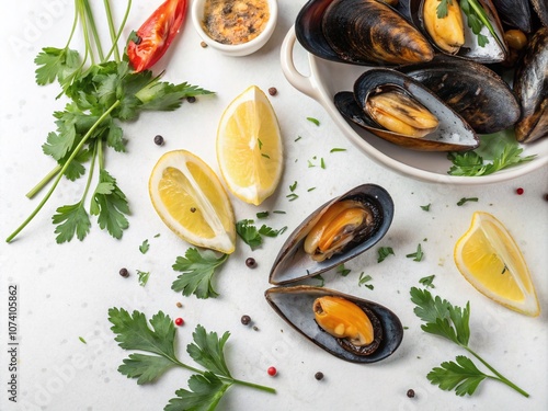 Hand-Drawn Watercolor Illustration of Fresh Mussels and Sea Creatures on White Background, Perfect for Food Ingredient and Seafood Recipes