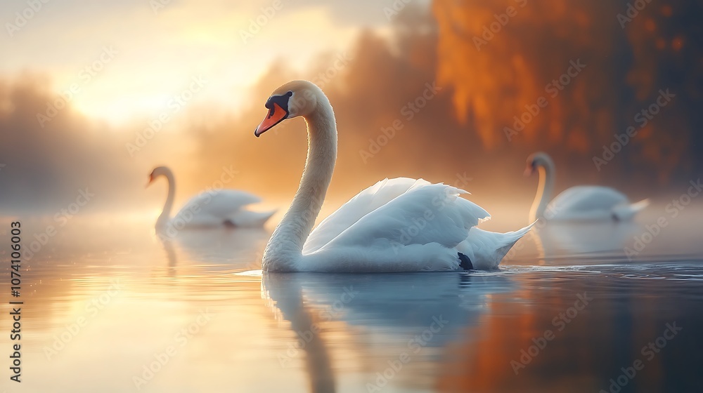 Swans gracefully swim in a serene misty lake during sunrise capturing nature’s beauty Swans gracefully swim in a serene misty lake during sunrise capturing nature’s beauty