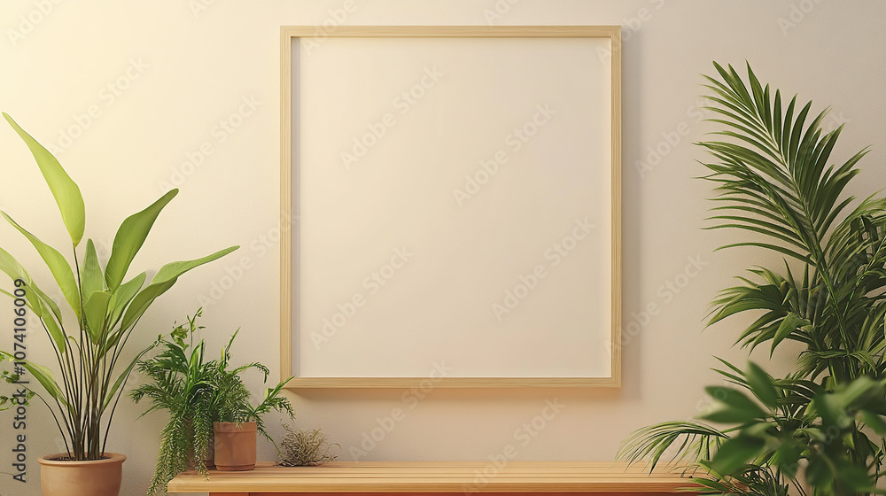 A mockup of an empty, blank wooden frame on the wall, with plants beside it A mockup of an empty, blank wooden frame on the wall, with plants beside it