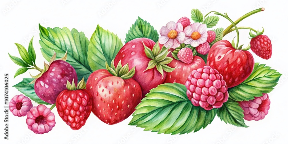 Hand Painted Watercolor Clip Art Set Featuring Delicious Strawberries and Raspberries with Copy Space for Creative Projects, Invitations, and Culinary Themes Hand Painted Watercolor Clip Art Set Featuring Delicious Strawberries and Raspberries with Copy Space for Creative Projects, Invitations, and Culinary Themes