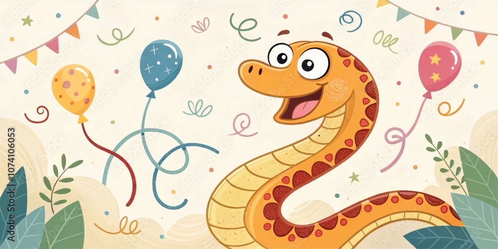 Obraz premium Playful Serpent A cheerful s design with a wide smile surrounded by playful swirls and whimsical decorations evoking a feeling of joy and celebration.