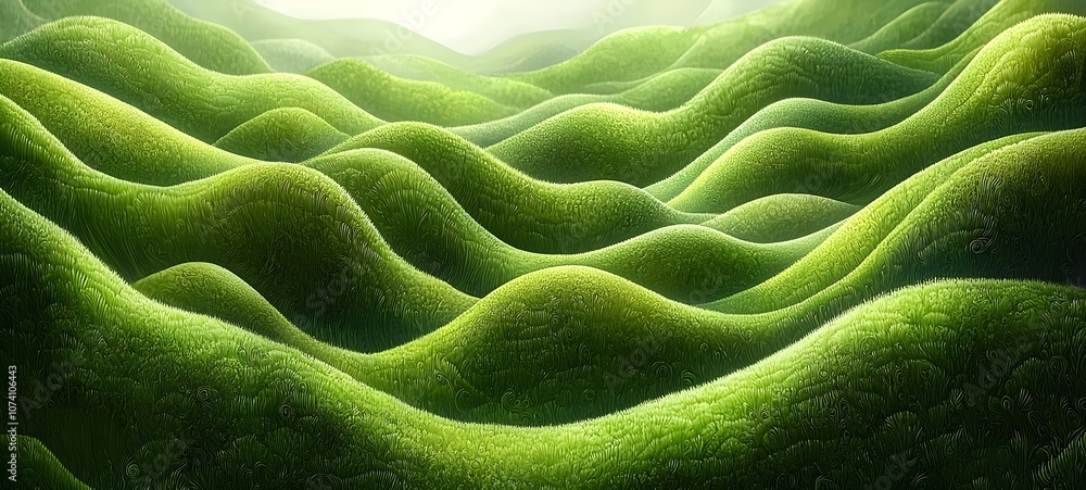 A mesmerizing landscape of lush green hills undulating like waves, capturing the serenity and vibrancy of nature in a soft, diffused light. A mesmerizing landscape of lush green hills undulating like waves, capturing the serenity and vibrancy of nature in a soft, diffused light.