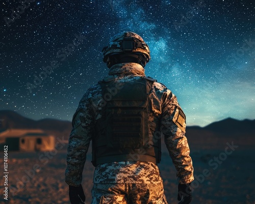 A soldier gazes at a starry night sky in a desert landscape, reflecting resilience and the vastness of the universe. photo