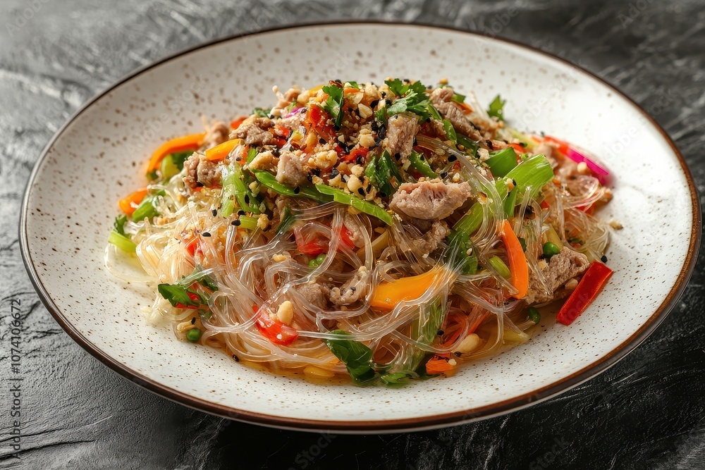 Spicy Thai salad with clear noodles and minced pork served on a white plate Spicy Thai salad with clear noodles and minced pork served on a white plate