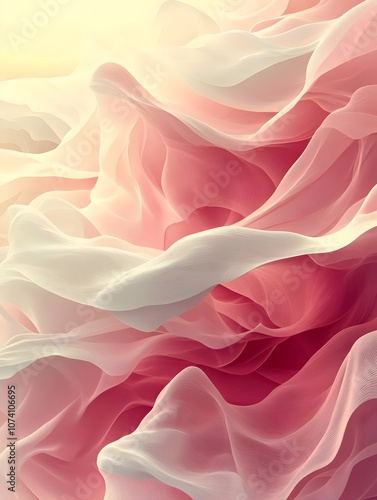 Abstract soft waves of pink and white fabric, creating a dreamy, ethereal mood. The gentle flow showcases layers and textures blending harmoniously in soft light.