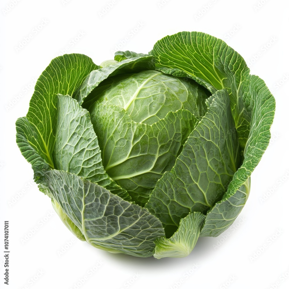 Obraz premium A whole head of cabbage, its green leaves tightly wrapped, isolated against a white background