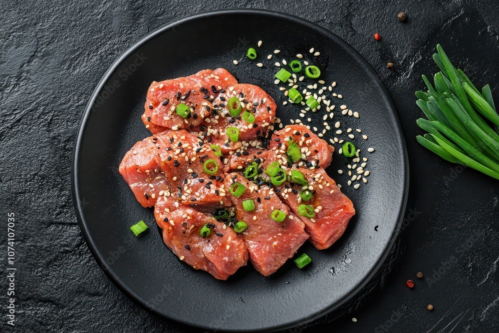 Teriyaki chicken strips with rice green onions and black sesame on a black plate against a dark background Overhead view with space for text Teriyaki chicken strips with rice green onions and black sesame on a black plate against a dark background Overhead view with space for text
