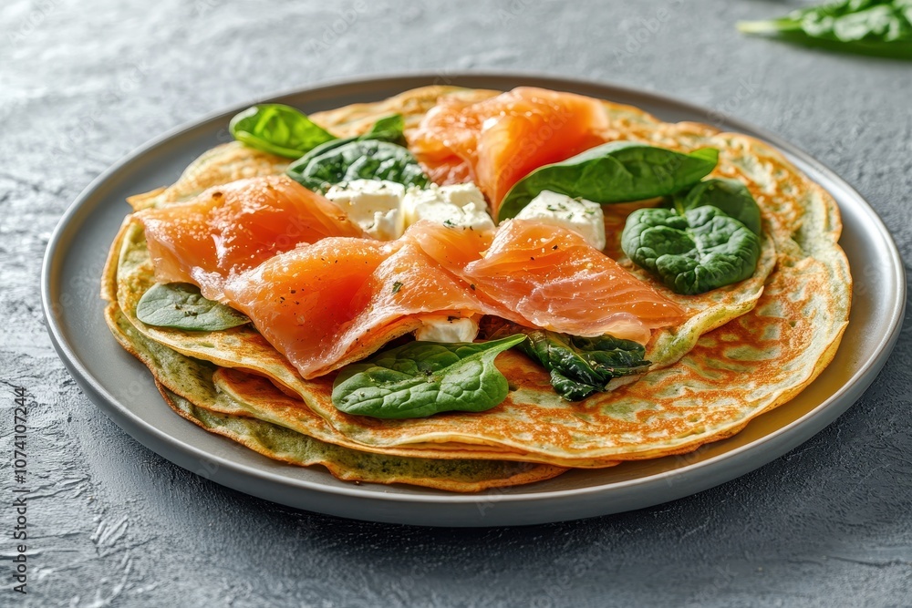 Thin pancakes with smoked salmon cream cheese and spinach on a gray textured surface Celebrating Pancake Day Maslenitsa Horizontal orientation Thin pancakes with smoked salmon cream cheese and spinach on a gray textured surface Celebrating Pancake Day Maslenitsa Horizontal orientation