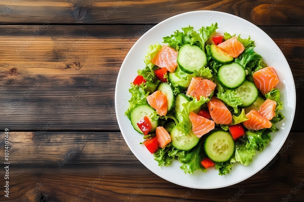 Top down view of a white plate with cucumber salad avocado and smoked salmon Top down view of a white plate with cucumber salad avocado and smoked salmon