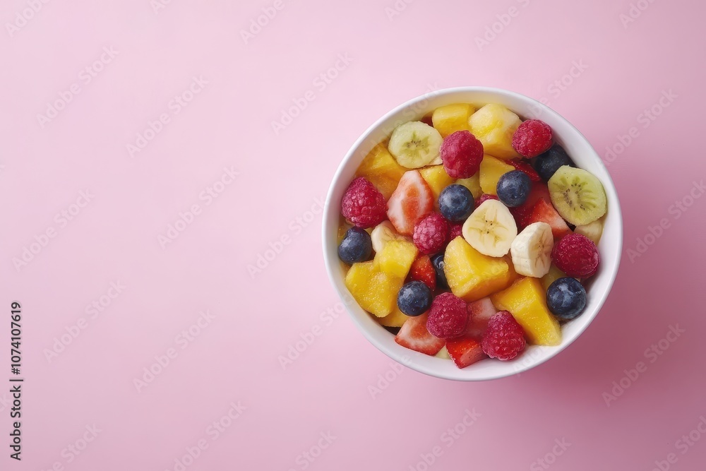 Top view of a fresh fruit salad on a pink background Top view of a fresh fruit salad on a pink background