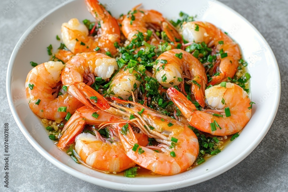 Top view of a spicy shrimp salad on a white plate featuring Thai boiled shrimp with lemongrass in chili lime sauce Top view of a spicy shrimp salad on a white plate featuring Thai boiled shrimp with lemongrass in chili lime sauce