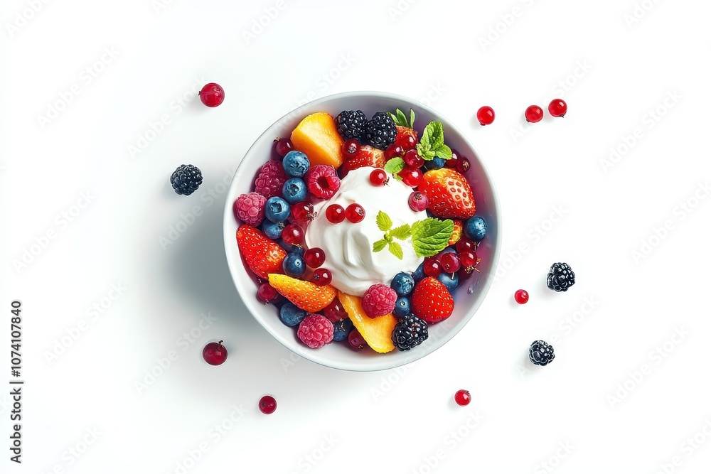 Top view of a vibrant fresh berry salad with cream on a white background featuring strawberries blueberries raspberries blackberries and red currants Top view of a vibrant fresh berry salad with cream on a white background featuring strawberries blueberries raspberries blackberries and red currants
