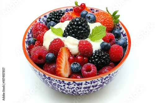 Top view of a vibrant fruit salad featuring fresh berries and cream on a white background