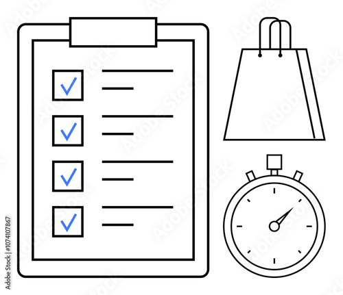 Clipboard checklist with blue checkmarks, shopping bag, and stopwatch illustrating task management. Ideal for productivity, organization, project planning, time management, shopping, goal setting