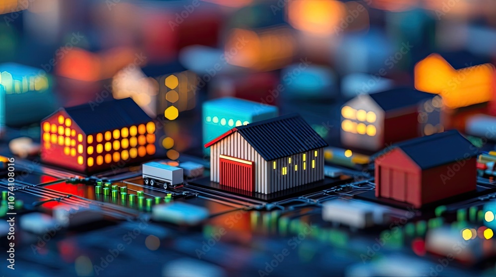 Colorful miniature houses on a circuit board, vibrant and detailed. Colorful miniature houses on a circuit board, vibrant and detailed.