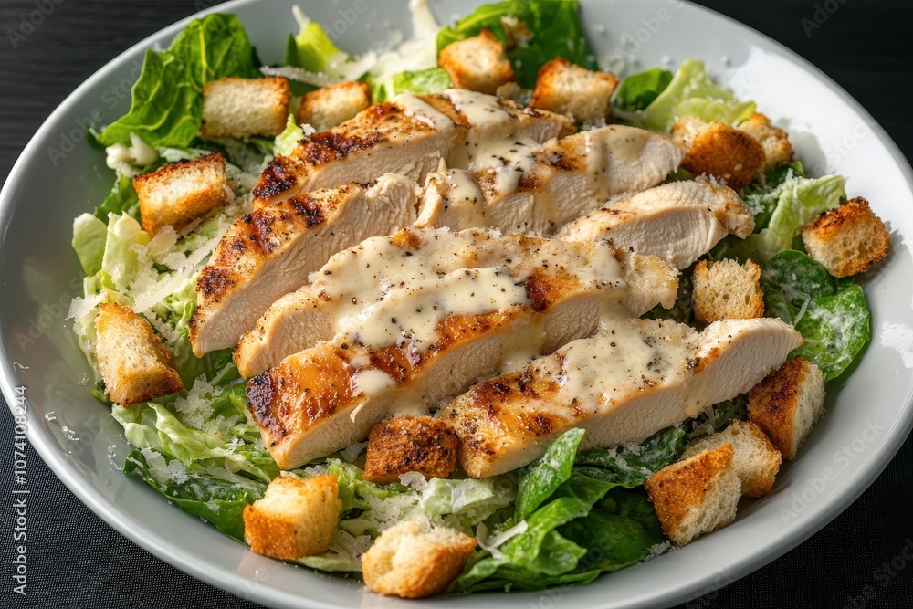 Traditional Caesar salad topped with chicken iceberg lettuce croutons Parmesan and Caesar dressing Dark tabletop overhead view Traditional Caesar salad topped with chicken iceberg lettuce croutons Parmesan and Caesar dressing Dark tabletop overhead view