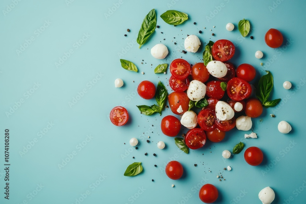Traditional Caprese salad featuring cherry tomatoes mini mozzarella and basil Traditional Caprese salad featuring cherry tomatoes mini mozzarella and basil