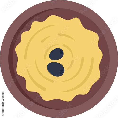 This vector illustration shows a bowl of hummus with olives, a delicious dip or spread made from chickpeas, tahini, lemon juice, and garlic