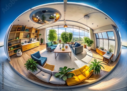 Immersive 3D Illustration of a Modern Office Interior Design in a Spherical 360-Degree Panorama for Virtual Reality Environments and Macro Photography Exploration photo