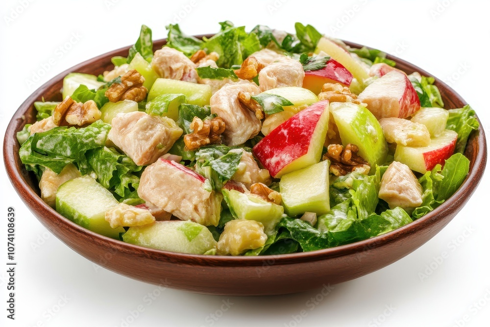 Traditional salad featuring chicken red and green apples raw celery lettuce and walnuts photographed from above against a white backdrop Traditional salad featuring chicken red and green apples raw celery lettuce and walnuts photographed from above against a white backdrop