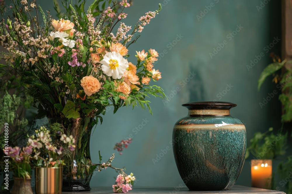 Urn for cremation at memorial service with flowers Urn for cremation at memorial service with flowers