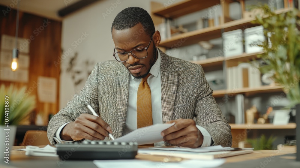 Focused Professional Analyzing Documents in Modern Office Setting Focused Professional Analyzing Documents in Modern Office Setting