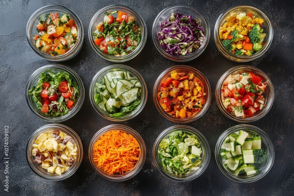 Variety of salads on dark gray backdrop Seasonal dish idea Overhead view blank area Variety of salads on dark gray backdrop Seasonal dish idea Overhead view blank area