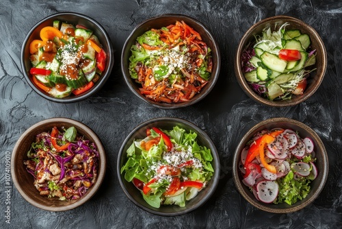 Variety of salads on a dark gray backdrop Seasonal eating idea Overhead view space for text