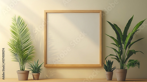 A mockup of an empty, blank wooden frame on the wall, with plants beside it