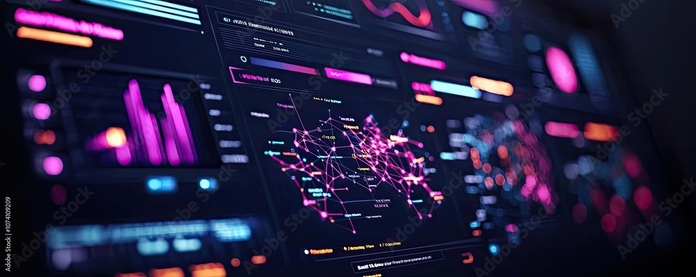 Futuristic data analysis interface with neon graphics and interactive elements. Futuristic data analysis interface with neon graphics and interactive elements.
