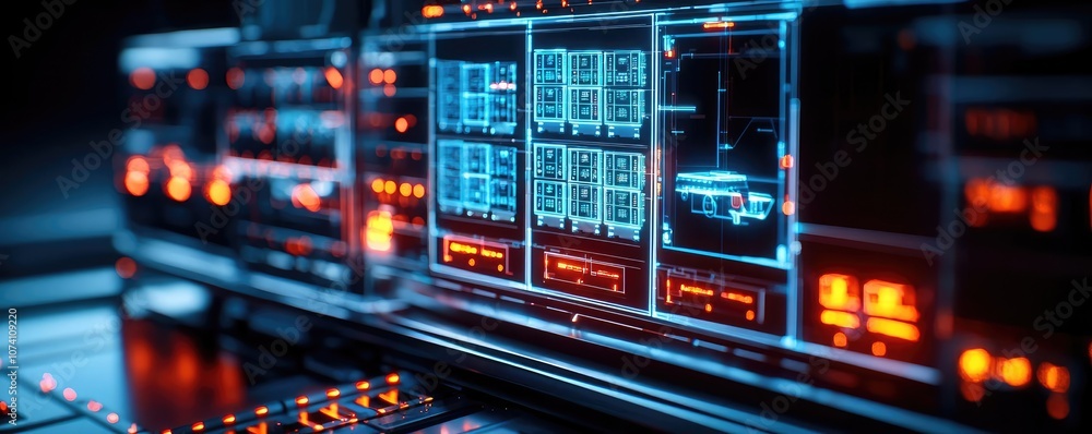 High-tech server with glowing components and intricate circuit design. High-tech server with glowing components and intricate circuit design.